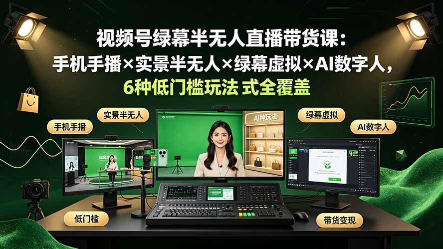 视频号绿幕半无人直播带货课:手机手播×实景半无人×绿幕虚拟×AI数字人,6种低门槛玩法全覆盖-聚创源