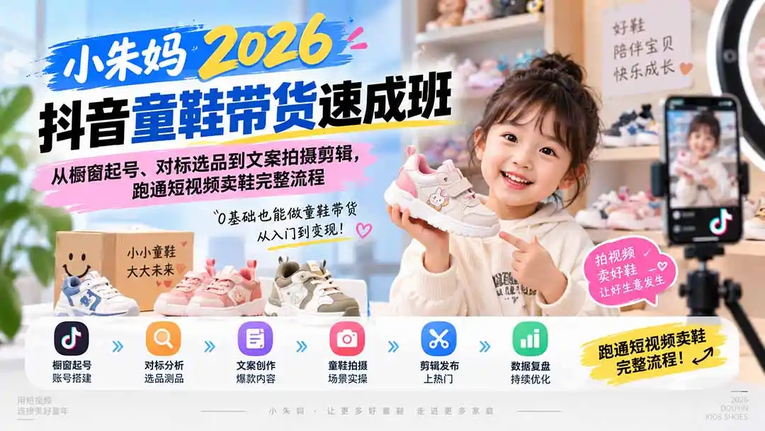 小朱妈2026抖音童鞋带货速成班：从橱窗起号、对标选品到文案拍摄剪辑，跑通短视频卖鞋完整流程-聚创源