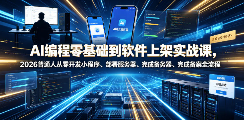 AI编程零基础到软件上架实战课，2026普通人从零开发小程序、部署服务器、完成备案全流程项目落地教程-聚创源