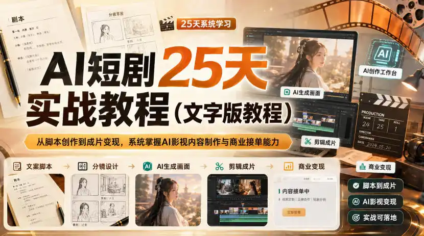 AI短剧25天实战教程(文字版教程)，从脚本创作到成片变现，系统掌握AI影视内容制作与商业接单能力-聚创源