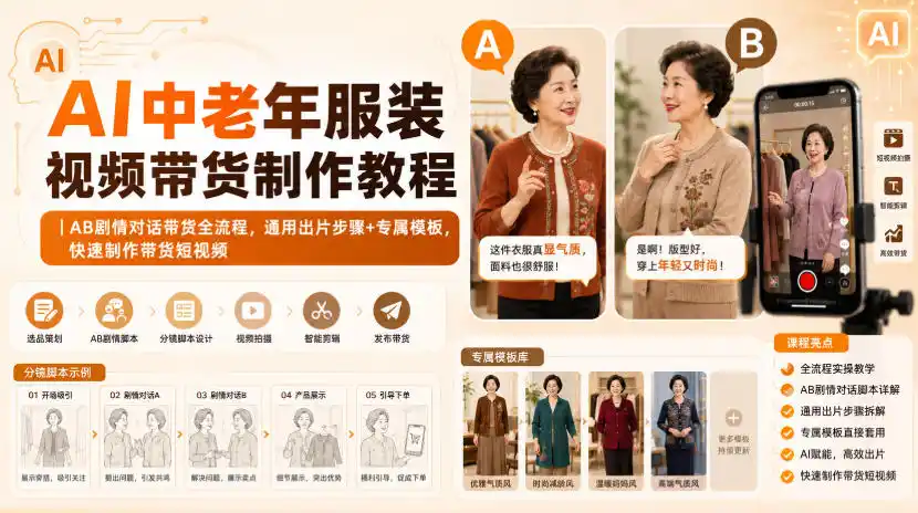 AI中老年服装视频带货制作教程｜AB剧情对话带货全流程，通用出片步骤+专属模板，快速制作带货短视频-聚创源