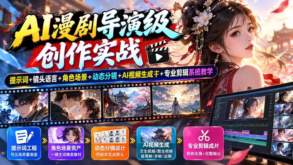 AI漫剧导演级创作实战:提示词+镜头语言+角色场景+动态分镜+AI视频生成+专业剪辑系统教学 AI漫剧导演级创作实战:提示词+镜头语言+角色场景+动态分镜+AI视频生成+专业剪辑系统教学