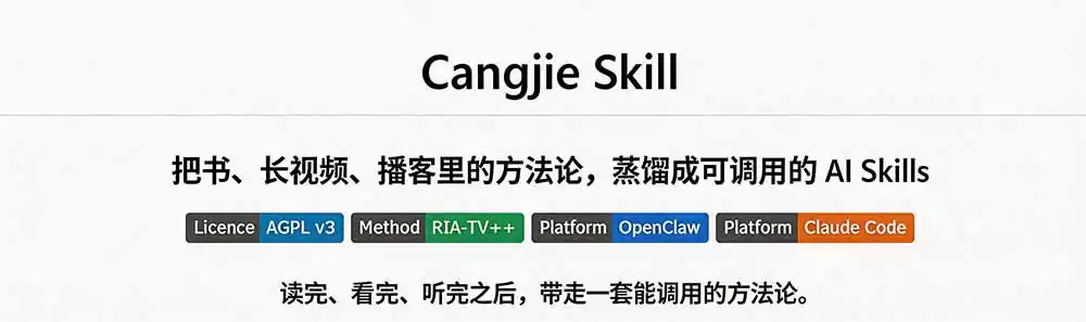 图片[1]-全网走红！GitHub上6.7K Star的开源项目，把任何书、长视频、播客蒸馏成AI工具，值得收藏 cangjie-skill-聚创源