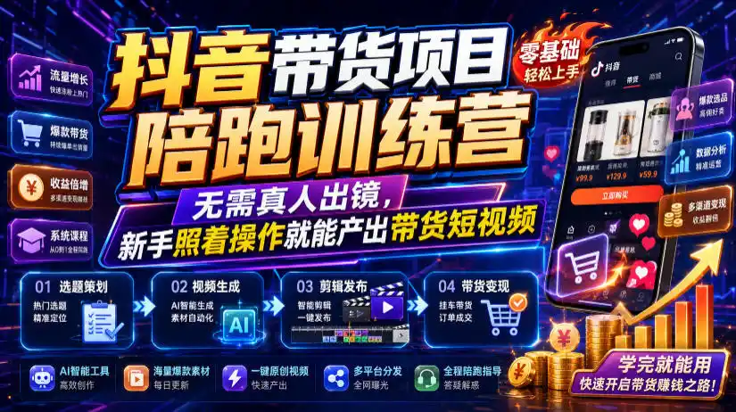 抖音带货项目陪跑训练营，无需真人出镜，新手照着操作就能产出带货短视频(更新0811)-聚创源