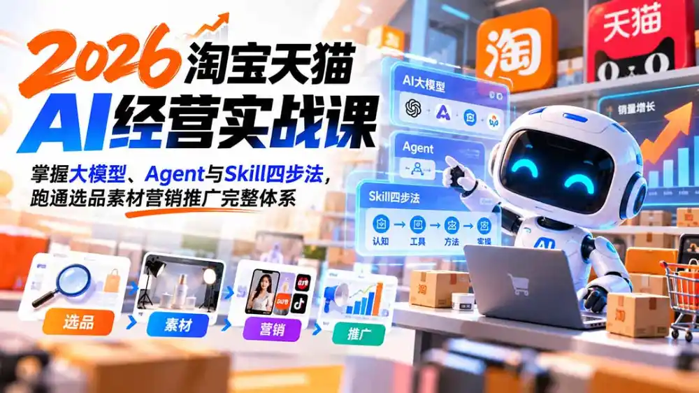 【无水印】2026淘宝天猫AI经营实战课：掌握大模型、Agent与Skill四步法，跑通选品素材营销推广完整体系-聚创源