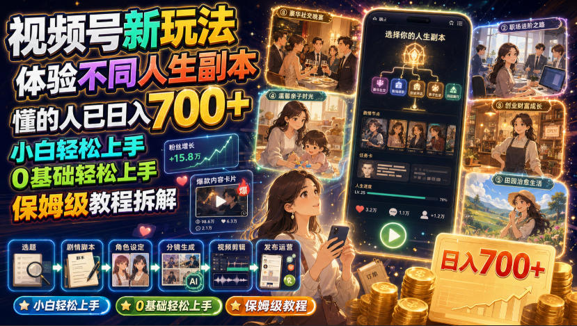 视频号新玩法体验不同人生副本,懂的人已日入700+,小白轻松上手,0基础轻松上手,保姆级教程拆解-聚创源