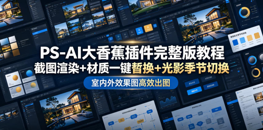 PS-AI大香蕉插件完整版教程，截图渲染+材质一键替换+光影季节切换，室内外效果图高效出图高阶课程-聚创源