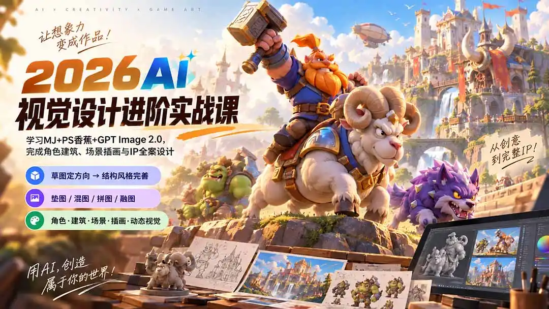 2026AI视觉设计进阶实战课-更新：学习MJ+PS香蕉+GPT Image 2.0，完成角色建筑、场景插画与IP全案设计-聚创源