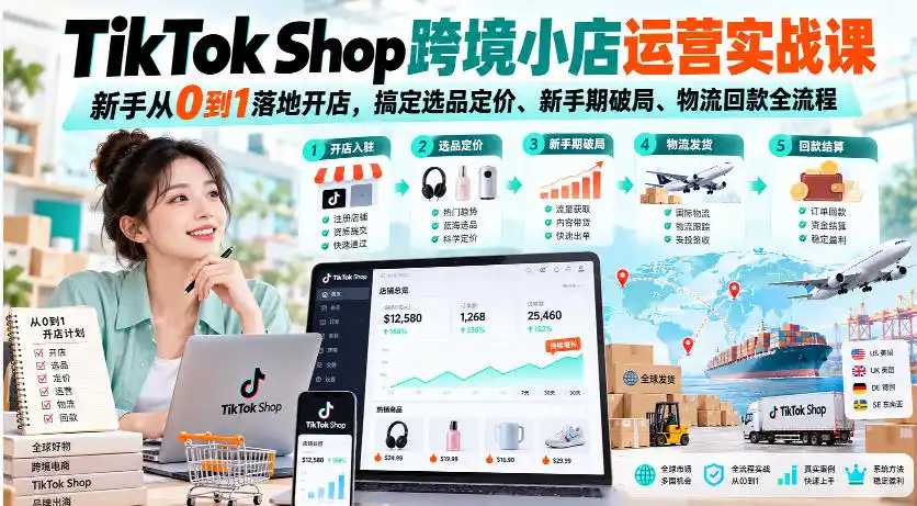 TikTok Shop跨境小店运营实战课，新手从0到1落地开店，搞定选品定价、新手期破局、物流回款全流程-聚创源