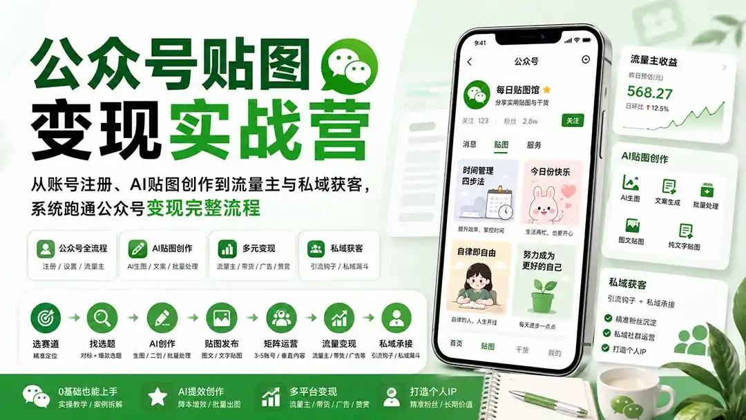 公众号贴图变现实战营：从账号注册、AI贴图创作到流量主与私域获客，系统跑通公众号变现完整流程-聚创源