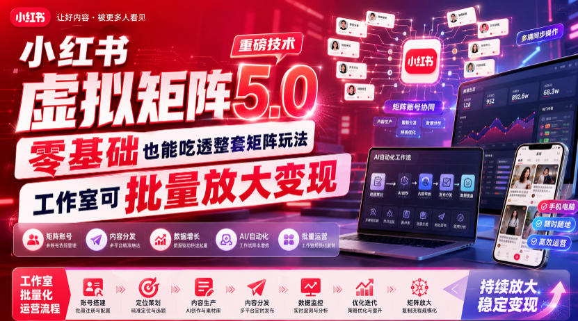 小红书虚拟矩阵5.0重磅技术,零基础也能吃透整套矩阵玩法,工作室可批量放大变现-聚创源