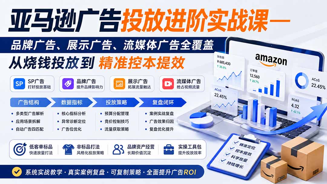亚马逊广告投放进阶实战课——品牌广告、展示广告、流媒体广告全覆盖，从烧钱投放到精准控本提效-聚创源
