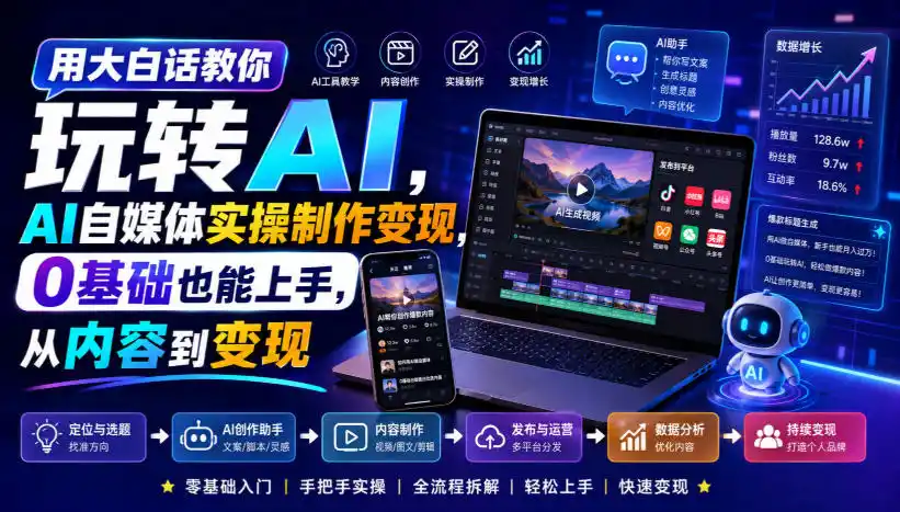 用大白话教你玩转AI，AI自媒体实操制作变现，0基础也能上手，从内容到变现-聚创源