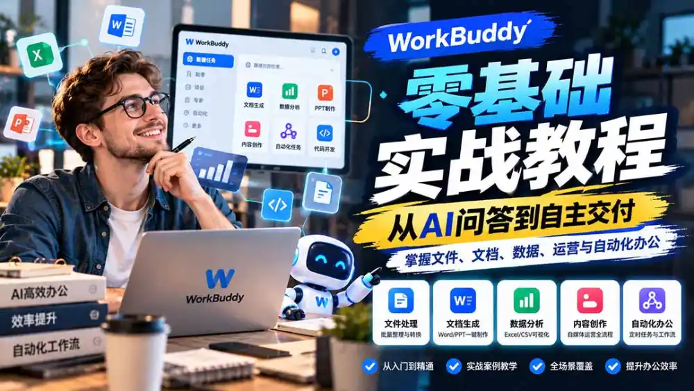 WorkBuddy零基础实战教程：从AI问答到自主交付，掌握文件、文档、数据、运营与自动化办公-聚创源