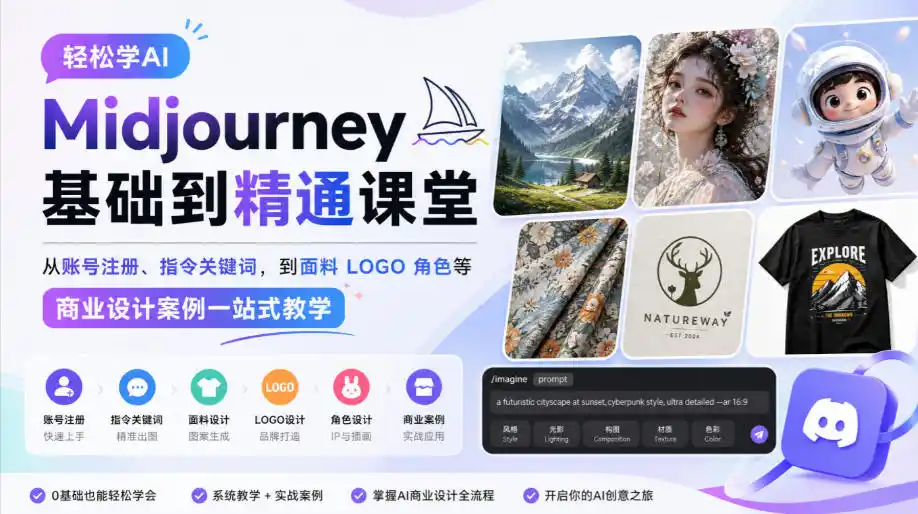 轻松学AI Midjourney基础到精通课堂，从账号注册、指令关键词，到面料LOGO角色等商业设计案例一站式教学-聚创源