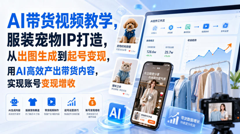 AI带货视频教学,服装宠物IP打造,从出图生成到起号变现,用AI高效产出带货内容,实现账号变现增收-聚创源