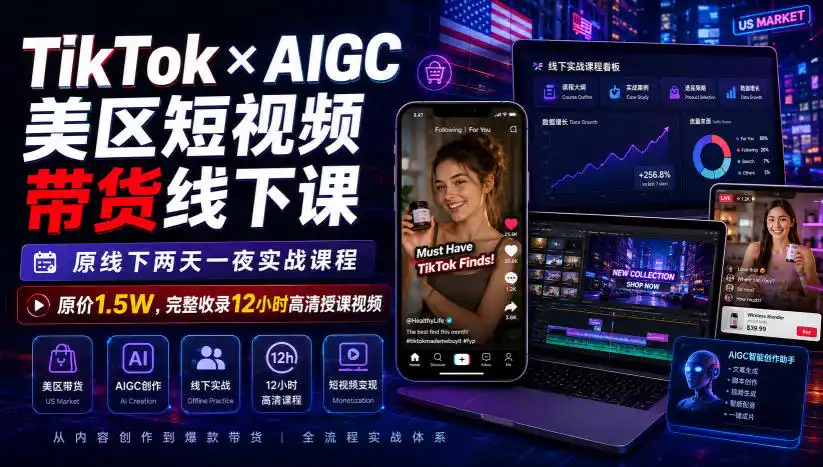 TikTok×AIGC美区短视频带货线下课，原线下两天一夜实战课程，原价1.5W，完整收录12小时高清授课视频-聚创源