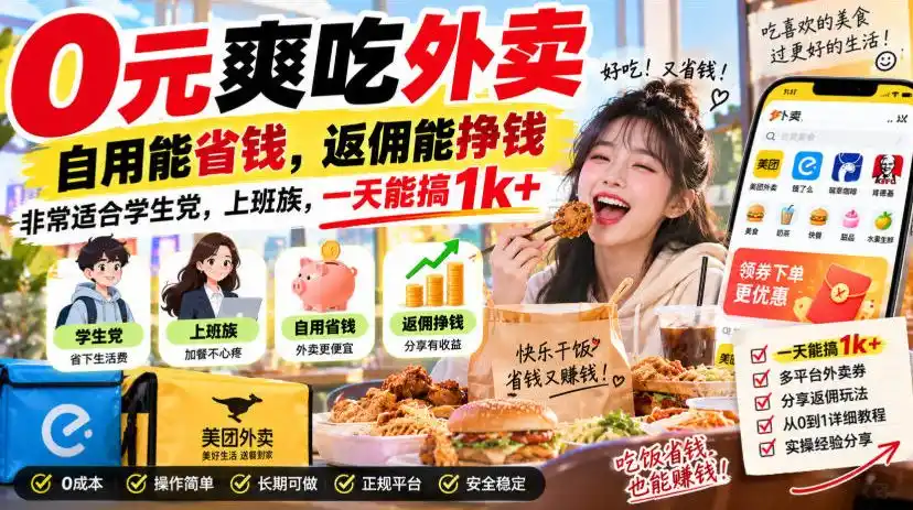 0元爽吃外卖，自用能省钱，返佣能挣钱，非常适合学生党，上班族，一天能搞1k+-聚创源