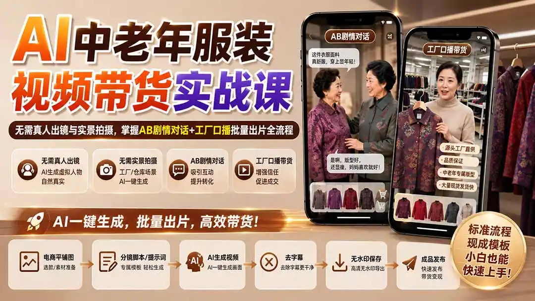 AI中老年服装视频带货实战课：无需真人出镜与实景拍摄，掌握AB剧情对话+工厂口播批量出片全流程-聚创源