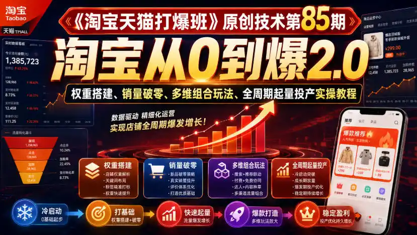 《淘宝天猫打爆班》原创技术第85期，淘宝从0到爆2.0，权重搭建、销量破零、多维组合玩法、全周期起量投产实操教程-聚创源