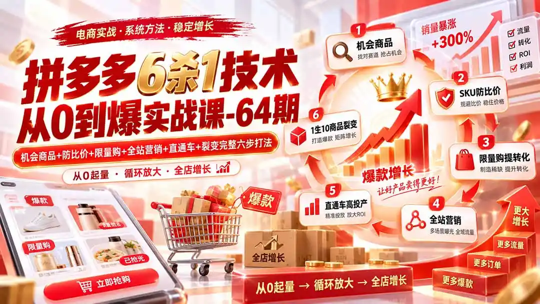拼多多6杀1技术从0到爆实战课-64期：机会商品+防比价+限量购+全站营销+直通车+裂变完整六步打法-聚创源