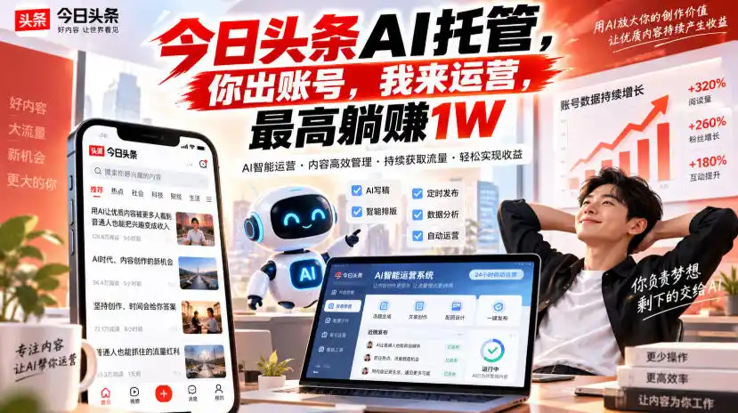 今日头条AI托管，你出账号，我来运营，最高躺賺1W【揭秘】-聚创源