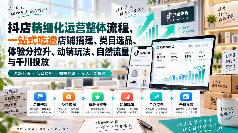 李哥电商-抖店精细化运营整体流程，一站式吃透店铺搭建、类目选品、体验分拉升、动销玩法、自然流量与千川投放-聚创源