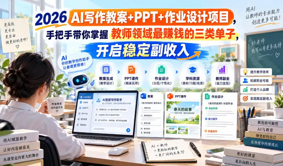 2026 AI写作教案+PPT+作业设计项目，手把手带你掌握教师领域最賺钱的三类单子，开启稳定副收入-聚创源