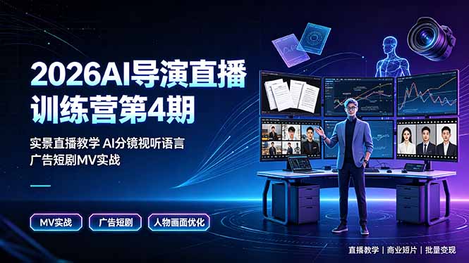 2026AI导演直播训练营第4期，实景直播教学AI分镜视听语言，广告短剧MV实战，解决人物画面崩坏痛点-聚创源
