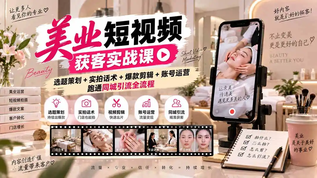 美业短视频获客实战课-无水印：选题策划+实拍话术+爆款剪辑+账号运营，跑通同城引流全流程-聚创源