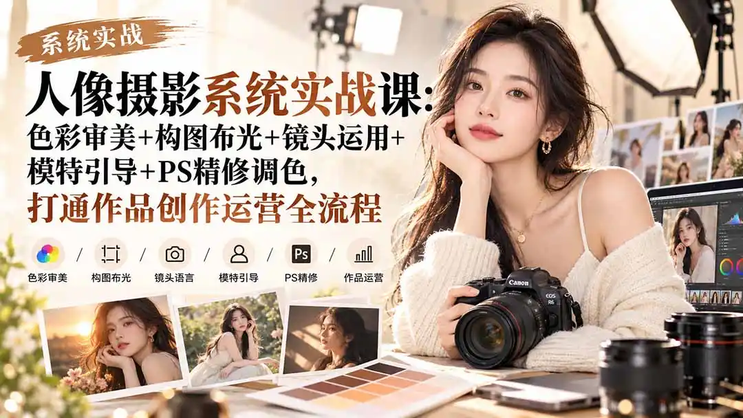 【无水印】人像摄影系统实战课：色彩审美+构图布光+镜头运用+模特引导+PS精修调色，打通作品创作运营全流程-聚创源