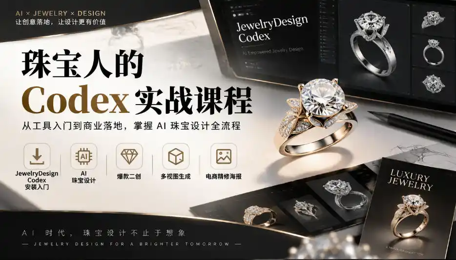珠宝人的Codex实战课程｜JewelryDesign Codex安装入门、AI珠宝设计、爆款二创、多视图生成、电商精修海报全链路教学-聚创源
