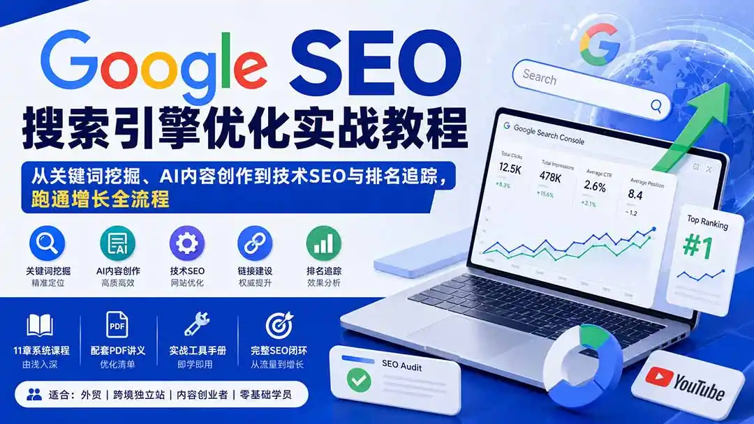 Google SEO搜索引擎优化实战教程：从关键词挖掘、AI内容创作到技术SEO与排名追踪，跑通增长全流程-聚创源