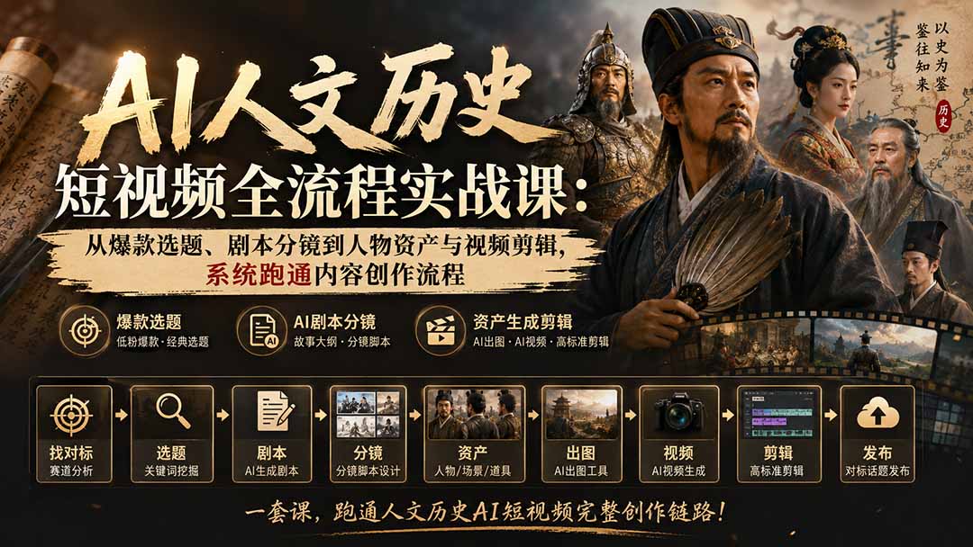 AI人文历史短视频全流程实战课：从爆款选题、剧本分镜到人物资产与视频剪辑，系统跑通内容创作流程-聚创源