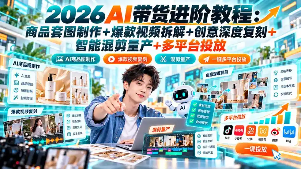 2026AI带货进阶教程：商品套图制作+爆款视频拆解+创意深度复刻+智能混剪量产+多平台投放-聚创源