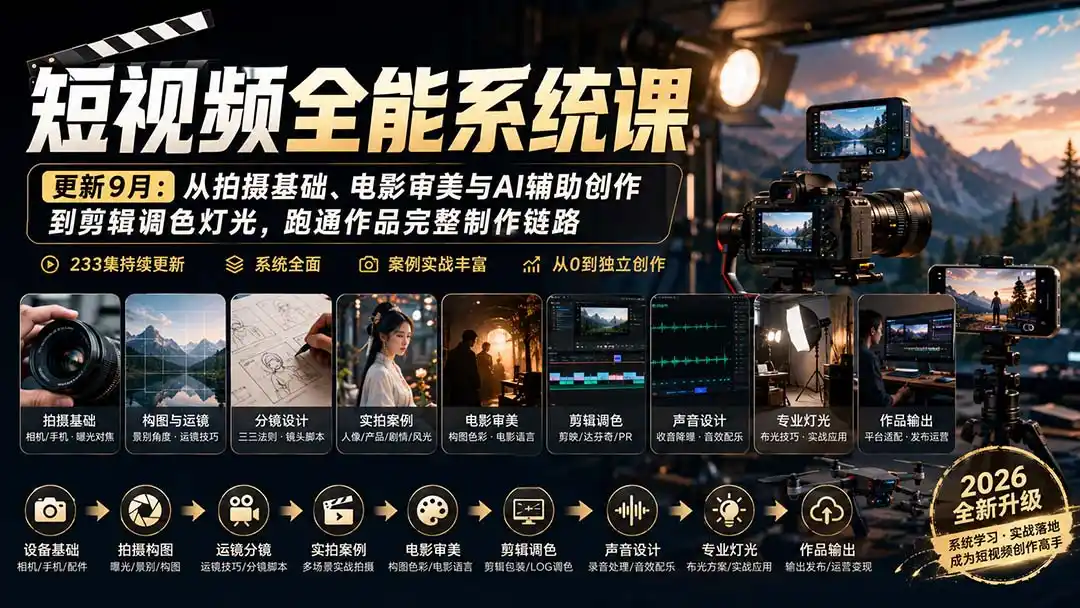 短视频全能系统课-9月完整版：从拍摄基础、电影审美与AI辅助创作到剪辑调色灯光，跑通作品完整制作链路-聚创源