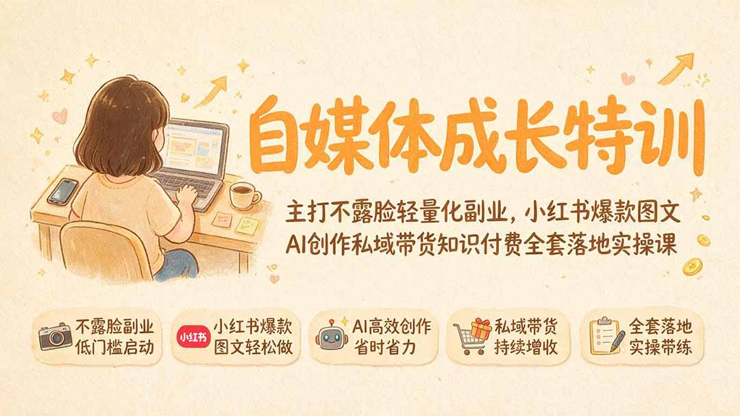 自媒体成长特训｜主打不露脸轻量化副业，小红书爆款图文AI创作私域带货知识付费全套落地实操课-聚创源