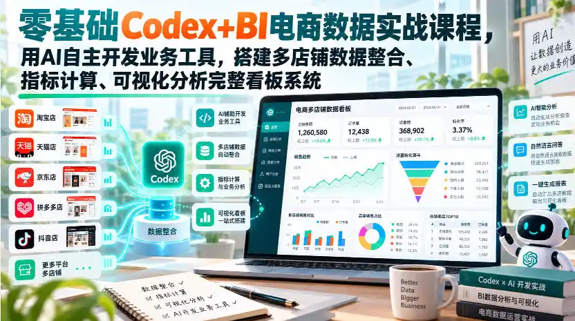 零基础Codex+BI电商数据实战课程，用AI自主开发业务工具，搭建多店铺数据整合、指标计算、可视化分析完整看板系统-聚创源