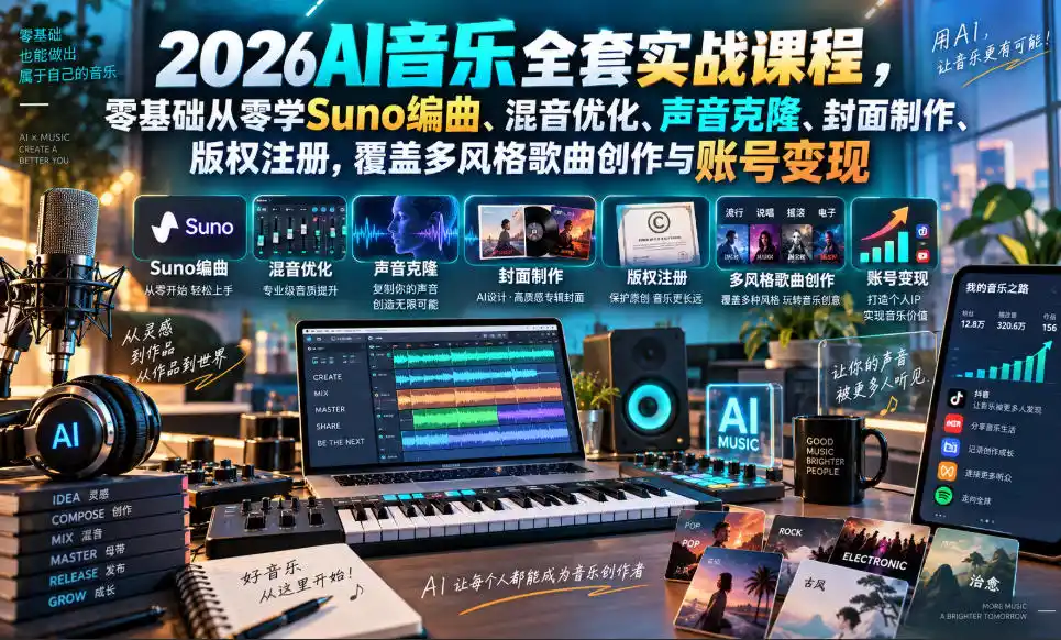 2026AI音乐实战课程，零基础从零学Suno编曲、混音优化、声音克隆、版权注册，覆盖多风格歌曲创作与账号变现-聚创源