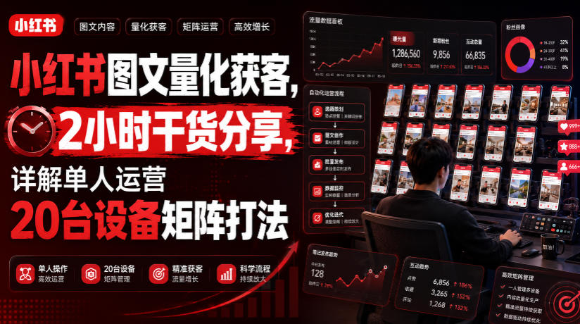 小红书图文量化获客，2小时干货分享，详解单人运营20台设备矩阵打法-聚创源