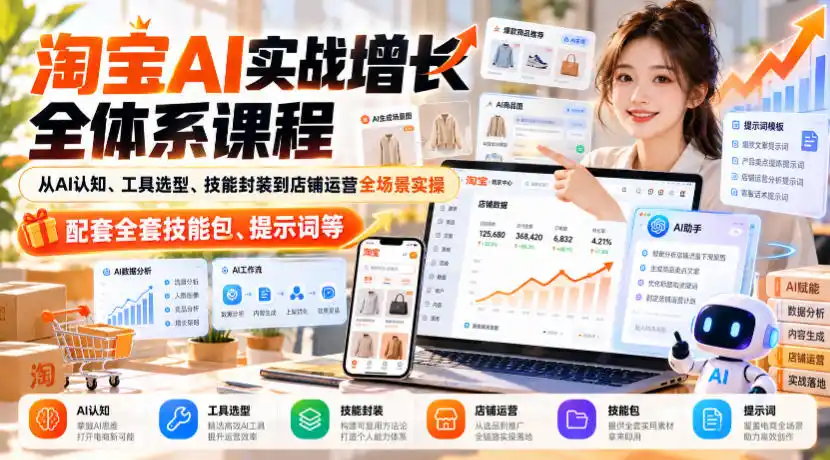 淘宝AI实战增长全体系课程，从AI认知、工具选型、技能封装到店铺运营全场景实操，配套全套技能包、提示词等-聚创源