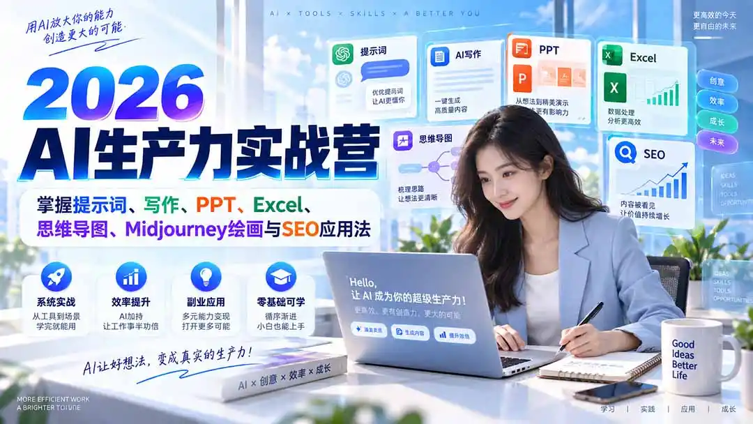 2026AI生产力实战营：掌握提示词、写作、PPT、Excel、思维导图、Midjourney绘画与SEO应用法-聚创源