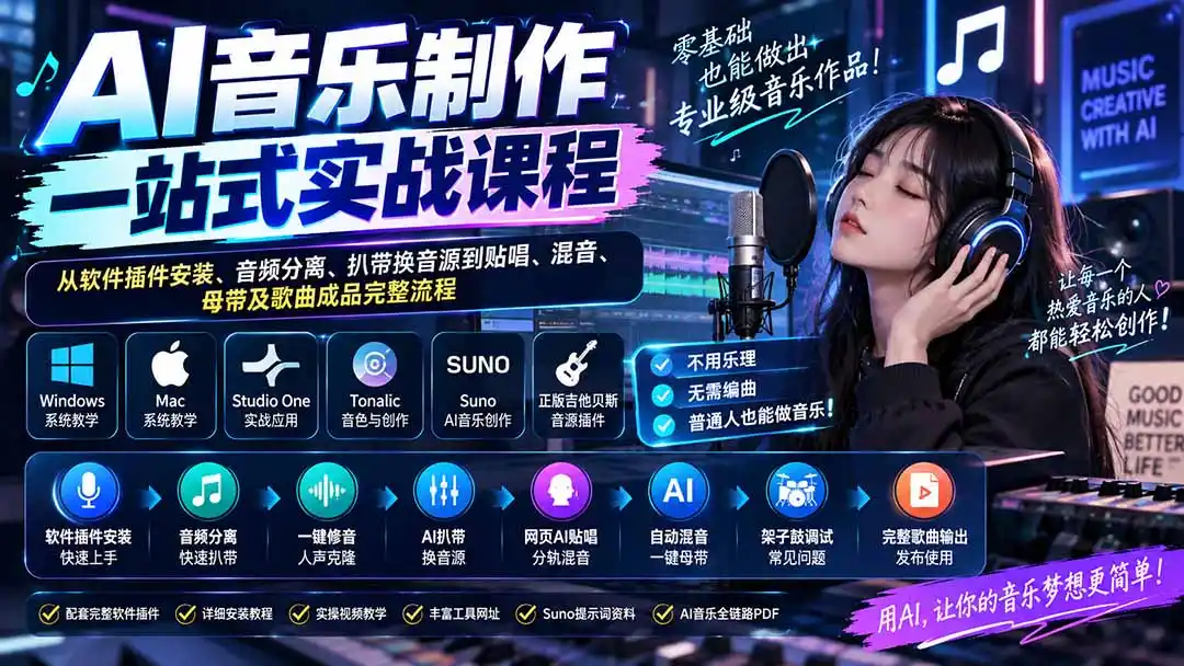 AI音乐制作一站式实战课程：从软件插件安装、音频分离、扒带换音源到贴唱、混音、母带及歌曲成品完整流程-聚创源