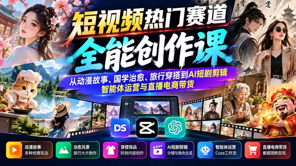 短视频热门赛道全能创作课：从动漫故事、国学治愈、旅行穿搭到AI短剧剪辑、智能体运营与直播电商带货-聚创源