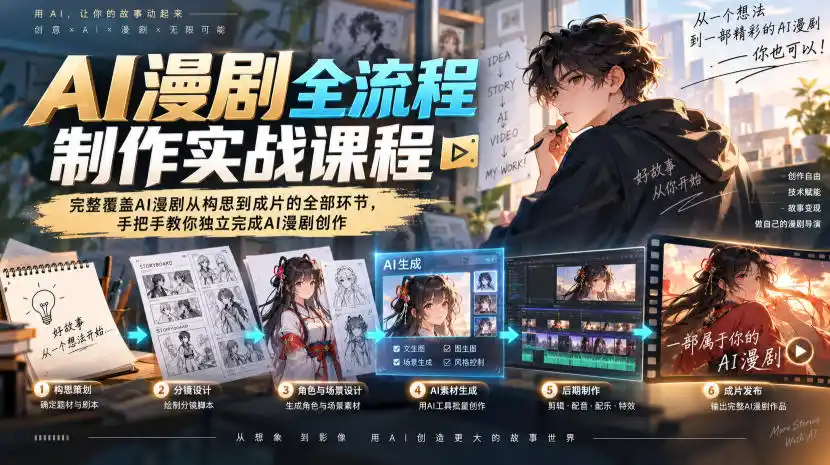 AI漫剧全流程制作实战课程，完整覆盖AI漫剧从构思到成片的全部环节，手把手教你独立完成AI漫剧创作-聚创源