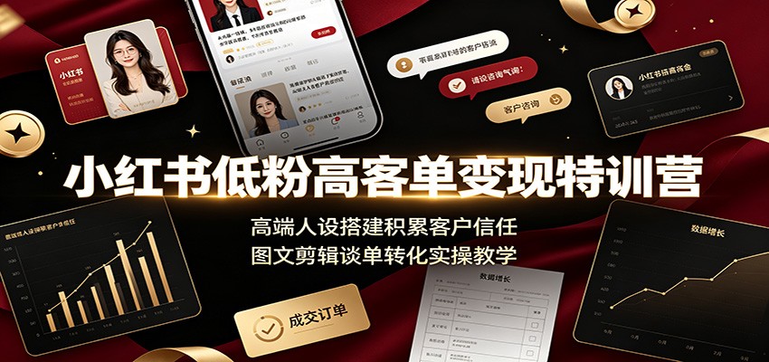 小红书低粉高客单变现特训营：高端人设搭建积累客户信任，图文剪辑谈单转化实操教学-聚创源