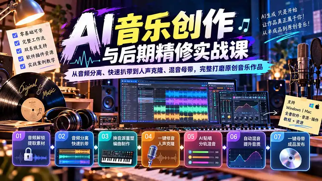 AI音乐创作与后期精修实战课：从音频分离、快速扒带到人声克隆、混音母带，完整打磨原创音乐作品-聚创源
