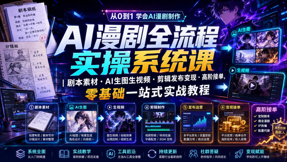 AI漫剧全流程实操系统课|剧本素材・AI生图生视频・剪辑发布变现・高阶接单,零基础一站式实战教程-聚创源