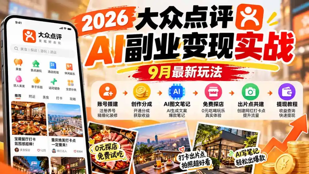 2026大众点评AI副业变现实战9月最新玩法：账号搭建+创作分成+AI图文笔记+免费探店+出片点共建与提现教程-聚创源