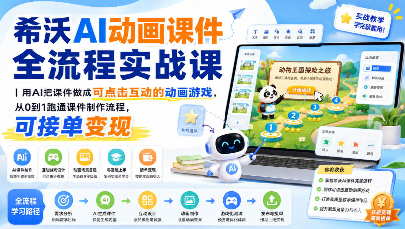 希沃AI动画课件全流程实战课｜用AI把课件做成可点击互动的动画游戏，从0到1跑通课件制作流程，可接单变现-聚创源